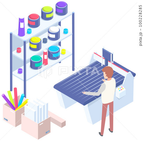 People working with equipment and shelving with paints. Office technique vector illustration 100228285