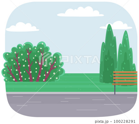 City park with road, wooden bench, green bushes and trees flat illustration in summer landscape 100228291