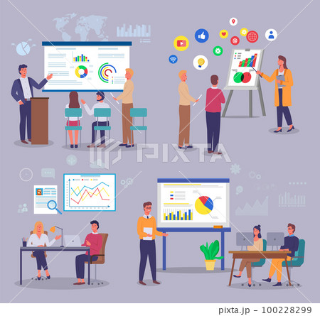 Marketers study analytical data, customer demand, pie and bar charts, charts, graphs. World trade 100228299