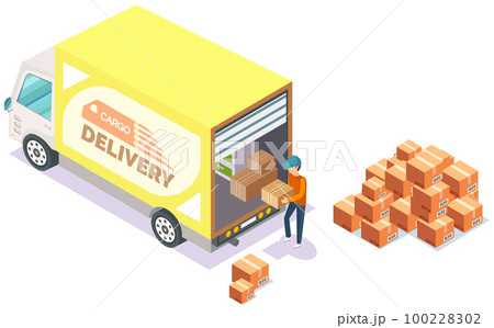 Mover puts boxes with parcels into wagon. Loading car before shipping. China delivery truck Mover puts boxes with parcels into wagon. Loading car before shipping. China delivery truck 100228302