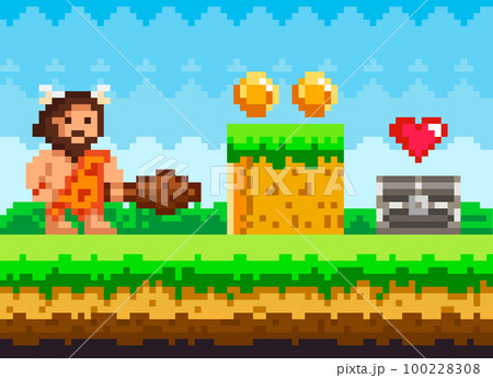 Pixelated natural landscape with caveman standing on green meadow near platform with coins 100228308