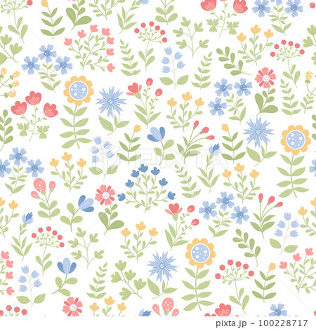 Floral seamless pattern. Scattered flowers, plant branches and leaves on white background. Vector illustration in flat style. Floral seamless pattern. Scattered flowers, plant branches and leaves on white background. Vector illustration in flat style. 100228717