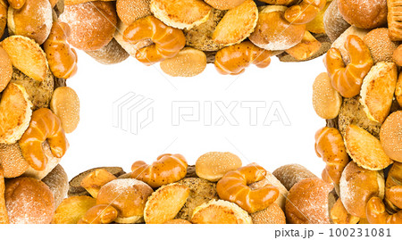 Bread and sweet pastries isolated on white background. Original frame. Free space for text. Collage. Bread and sweet pastries isolated on white background. Original frame. Free space for text. Collage. 100231081