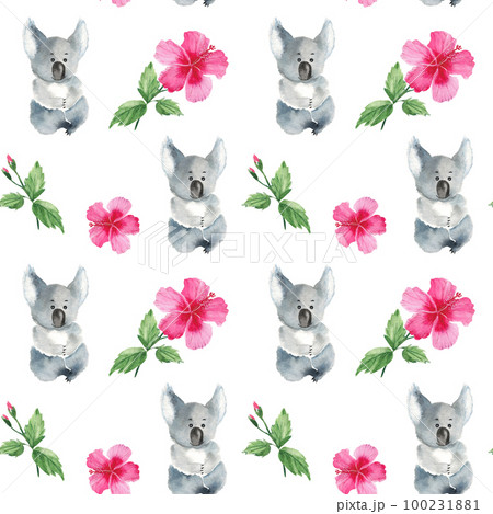 Seamless pattern with cute koala, hibiscus leaves and flowers. Watercolor hand drawn illustration. Seamless pattern with cute koala, hibiscus leaves and flowers. Watercolor hand drawn illustration. 100231881