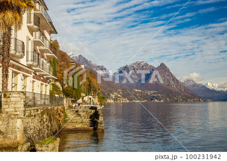 View from Gandria  village  on Lugano lake on Italian part of lake  and snow-capped European Alps 100231942