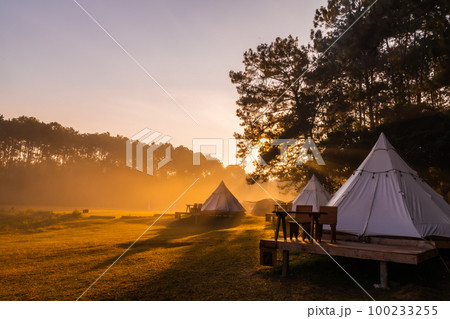 Tent camping in the morning . At Thung Salaeng Luang National Park Phetchabun Province, Thailand 100233255
