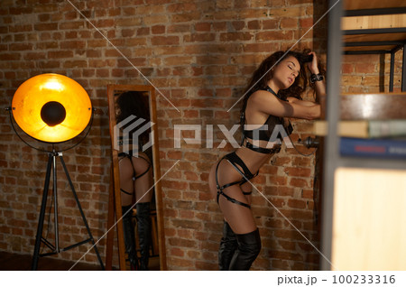 Tempting woman wearing erotic suit posing over brick wall 100233316