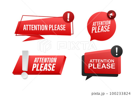 Megaphone label set with text attention please. Megaphone in hand promotion banner. Marketing and advertising 100233824
