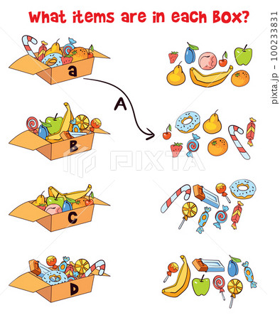 ind items from the box. Educational game for children 100233831