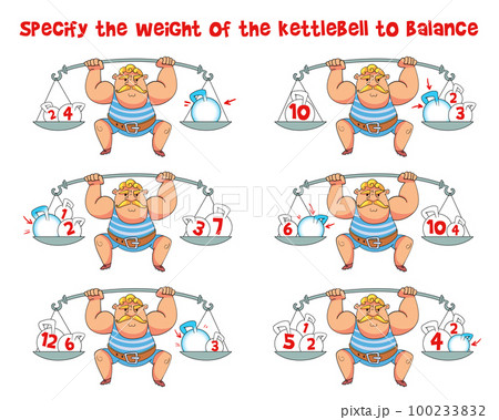Math puzzle. Specify the weight of the kettlebell to balance. Educational game for children 100233832