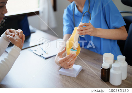 Portrait of a female doctor talking to an elderly patient about osteoarthritis Portrait of a female doctor talking to an elderly patient about osteoarthritis 100235120