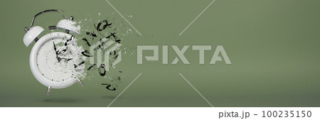 Time is running out. White alarm clock with flying numbers as a symbol of lost time. The concept of time is running out, loss or lack of time, an alarm clock with numbers shatters into small pieces. 100235150