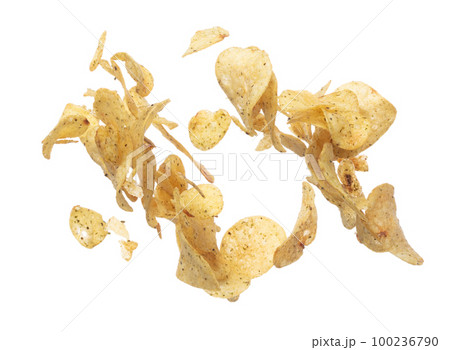 Potato chip fall fly in mid air, Golden fried Potato chip floating explosion. Pile group of Potato chip pour throw in air. White background isolated freeze motion high speed shutter Potato chip fall fly in mid air, Golden fried Potato chip floating explosion. Pile group of Potato chip pour throw in air. White background isolated freeze motion high speed shutter 100236790