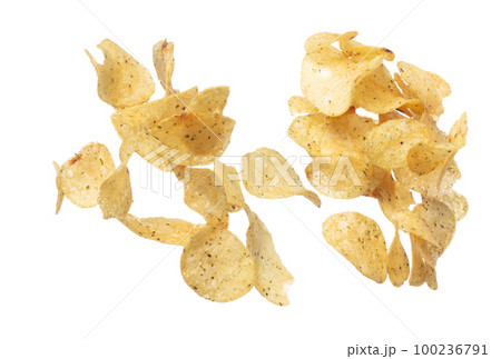 Potato chip fall fly in mid air, Golden fried Potato chip floating explosion. Pile group of Potato chip pour throw in air. White background isolated freeze motion high speed shutter 100236791