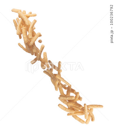 Prawn shrimp crackers finger chip fall fly in mid air, Golden fried Prawn shrimp crackers floating explosion. Pile group of Prawn shrimp crackers pour throw in air. White background isolated 100236792