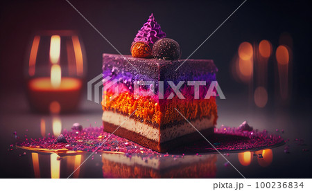 beautiful delicious birthday cake with viva magenta color candles .Generative AI 100236834