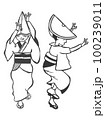 版画風の女踊りの阿波踊り、横姿と正面 100239011