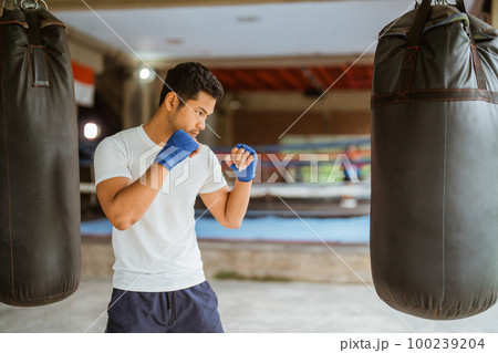 boxer seriously punching the heavy bags in the ring 100239204