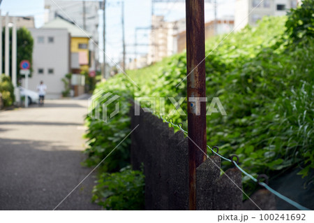 土手・夏・ポール・電柱・屋外・サビ・道端 100241692