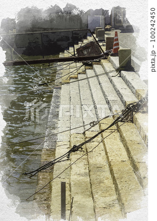 水彩画風　鞆の浦　雁木　広島県福山市 100242450