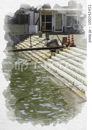 水彩画風　鞆の浦　雁木　広島県福山市 100242451