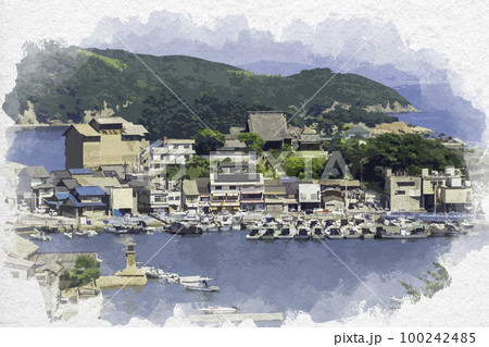 水彩画風　鞆の浦　港の眺望　広島県福山市 100242485
