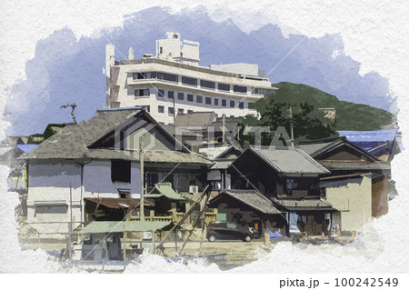 水彩画風 鞆の浦 港の風景 広島県福山市のイラスト素材 [100242549