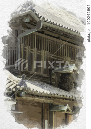 水彩画風　鞆の浦　太田家住宅　鞆七卿落遺跡　広島県福山市 100242602