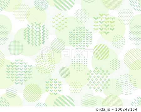 手描き風の緑の植物とドットとストライプ柄の円のパターン背景 100243154