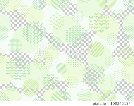 手繪風格的綠色植物圖案背景和帶圓點和條紋的圓圈 手繪風格的綠色植物圖案背景和帶圓點和條紋的圓圈 100243154