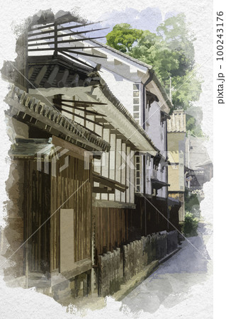 水彩画風　鞆の浦　鞆の浦の町並み　広島県福山市 100243176