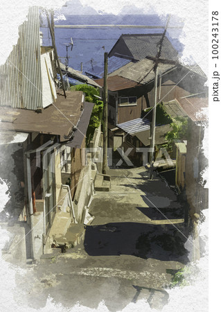 水彩画風　鞆の浦　鞆の浦の町並み　広島県福山市 100243178