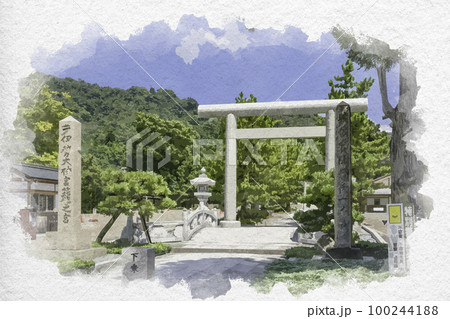 水彩画風　天橋立　元伊勢　籠神社　鳥居　京都府宮津市 100244188
