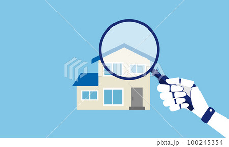 空き家検索、虫眼鏡を持ったロボット、不動産を査定する人工知能のイラスト、ベクター 空き家検索、虫眼鏡を持ったロボット、不動産を査定する人工知能のイラスト、ベクター 100245354
