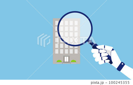 虫眼鏡を持ったロボット、不動産を査定する人工知能のイラスト、ベクター 100245355