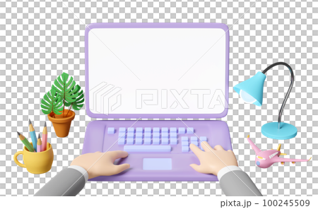 3d businessman using laptop computer on table with lamp, coffee cup, plane isolated. 3d render illustration 100245509