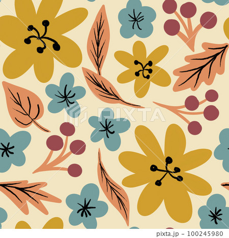 Seamless hand drawn mid century modern pattern in beige blue