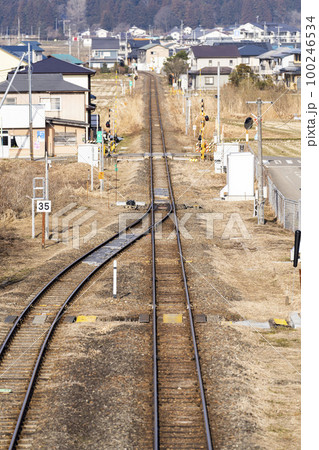 只見線の風景　会津坂下駅構内の転轍機（ポイント）　福島県会津坂下町 100246534