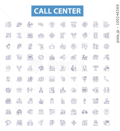 Call center line icons, signs set. Callcenter, Call center, Callcenter Operator, Telemarketing, Voicemail, Live Chat, Support, Agent, Help Desk outline vector illustrations. Call center line icons, signs set. Callcenter, Call center, Callcenter Operator, Telemarketing, Voicemail, Live Chat, Support, Agent, Help Desk outline vector illustrations. 100246569