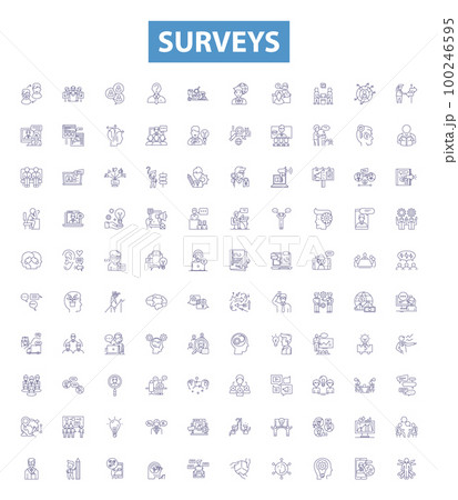 Surveys line icons, signs set. Survey, Polls, Questionnaires, Samples, Surveying, Research, Data, Studies, Interviews outline vector illustrations. Surveys line icons, signs set. Survey, Polls, Questionnaires, Samples, Surveying, Research, Data, Studies, Interviews outline vector illustrations. 100246595