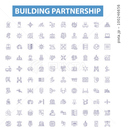 Building partnership line icons, signs set. Cooperation, Alliance, Unification, Joining, Accord, Coalition, Bridge, Affiliation, Merger outline vector illustrations. 100246656