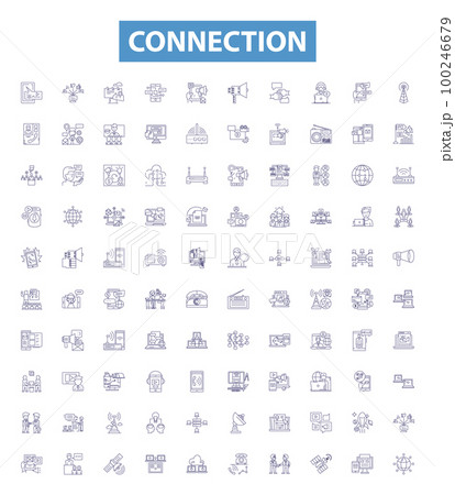 Connection line icons, signs set. Link, Union, Bond, Correlation, Tether, Liaison, Bridge, Synapse, Nexus outline vector illustrations. Connection line icons, signs set. Link, Union, Bond, Correlation, Tether, Liaison, Bridge, Synapse, Nexus outline vector illustrations. 100246679