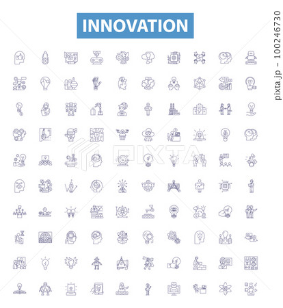 Innovation line icons, signs set. Innovate, Novel, Create, Advance, Pioneer, Breakthrough, Fresh, New, Evolve outline vector illustrations. Innovation line icons, signs set. Innovate, Novel, Create, Advance, Pioneer, Breakthrough, Fresh, New, Evolve outline vector illustrations. 100246730