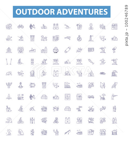 Outdoor adventures line icons, signs set. Trekking, Hiking, Camping, Kayaking, Canoeing, Rock Climbing, Mountain Biking, Abseiling, Sailing outline vector illustrations. 100246789