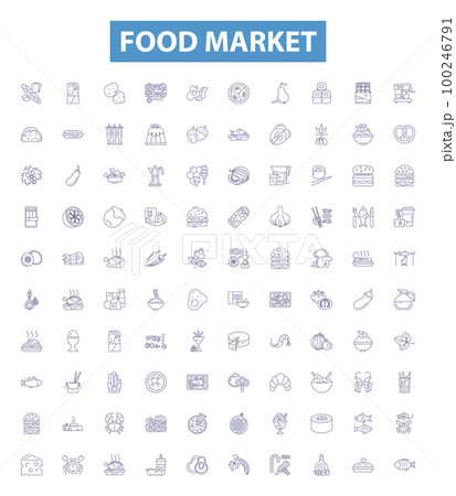 Food market line icons, signs set. Grocery, Supermarket, Produce, Co op, Deli, Foodstore, Convenience, Corner, Mart outline vector illustrations. Food market line icons, signs set. Grocery, Supermarket, Produce, Co op, Deli, Foodstore, Convenience, Corner, Mart outline vector illustrations. 100246791
