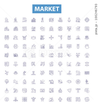 Market line icons, signs set. Market, Trade, Shopping, Retail, Bazaar, Vend, Exchange, Commercial, Consume outline vector illustrations. 100246793
