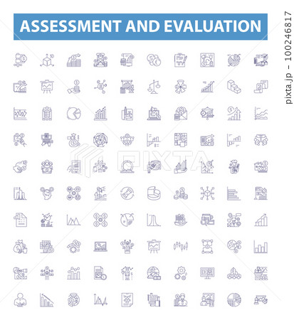 Assessment and evaluation line icons, signs set. assessment, evaluation, analysis, measurement, feedback, review, rating, testing, diagnostic outline vector illustrations. 100246817