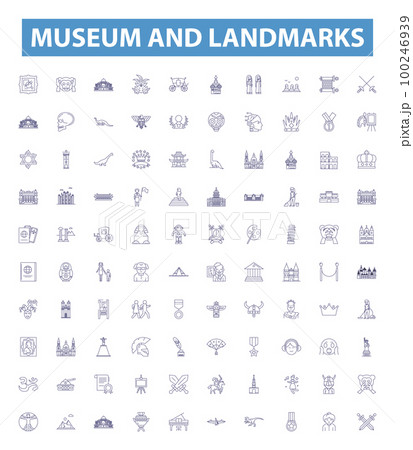 Museum and landmarks line icons, signs set. Museum, Landmarks, Historic, Sites, Monuments, Exhibit, Cultural, Heritage, Tourist outline vector illustrations. 100246939