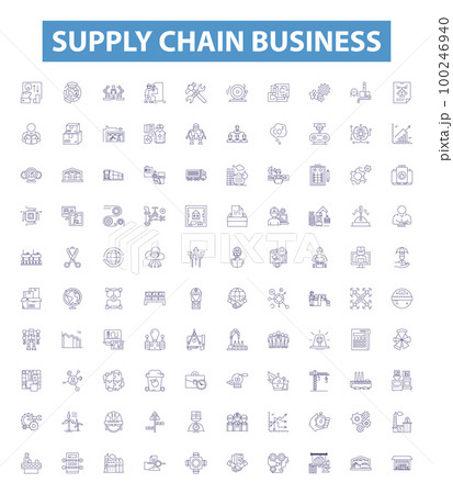 Supply chain business line icons, signs set. Distribution, Logistics, Procurement, Warehouse, Inventory, Manufacturing, Outsourcing, Shipping, Sourcing outline vector illustrations. 100246940