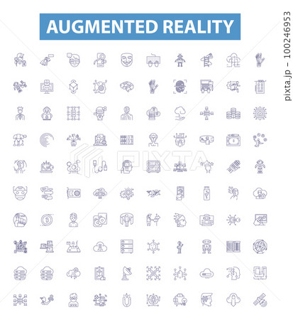 Augmented reality line icons, signs set. Augmented, Reality, AR, Technology, 3D, Digital, Interactive, Visualization, Immersive outline vector illustrations. 100246953